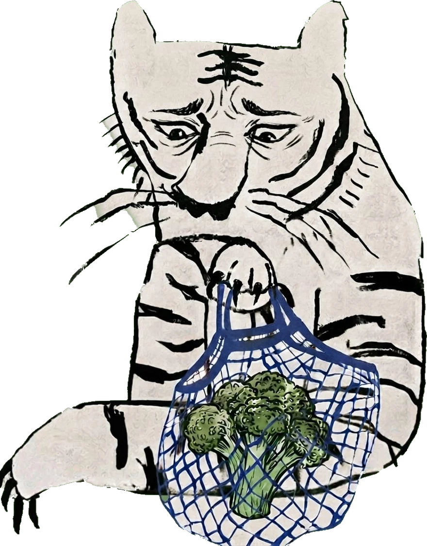 Ilustrácia tigra s brokolicou v sieťovke
